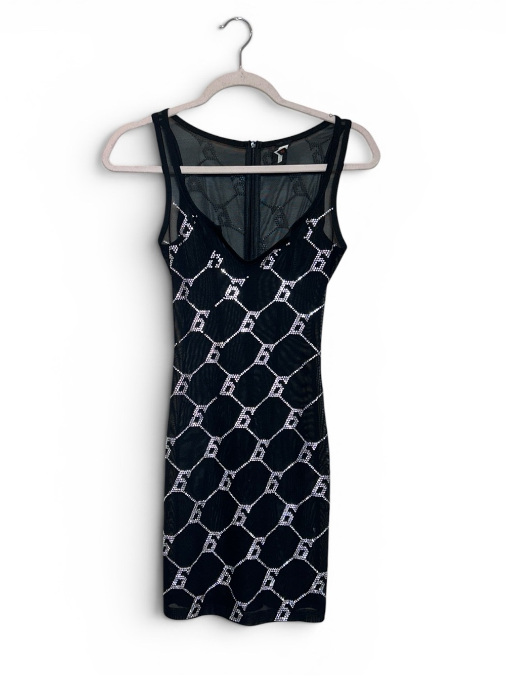 Black Mesh Dress Rhinestone 666 Logo Tag